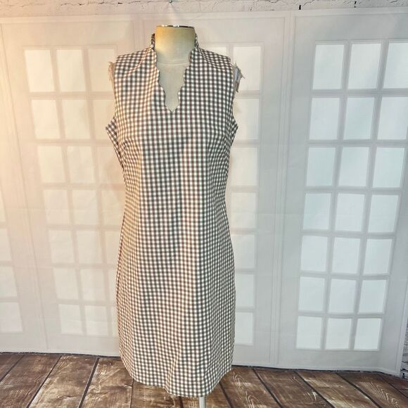 J McLaughlin Tan White Gingham Scallop V Neck Sleeveless Sheath Dress Size 8 - Picture 1 of 10